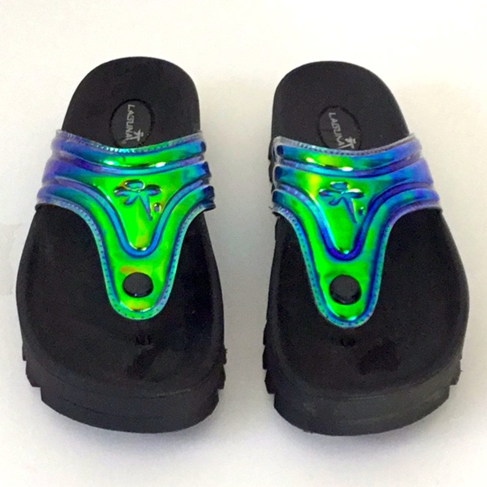 Laguna, Green/Blue Metallic Wedge Flip Flop Sandals. Thong, Retro, Y2K Grunge